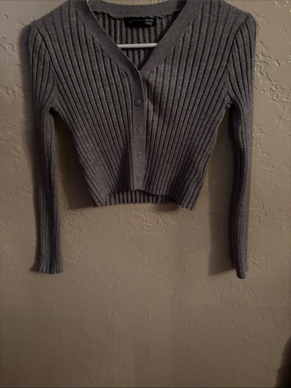 Dazy Gray Ribbed V-Neck Cropped Cardigan